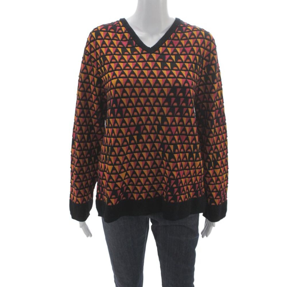 Missoni Women Black V Neck Geometric Pullover Sweater Long Sleeve Size S